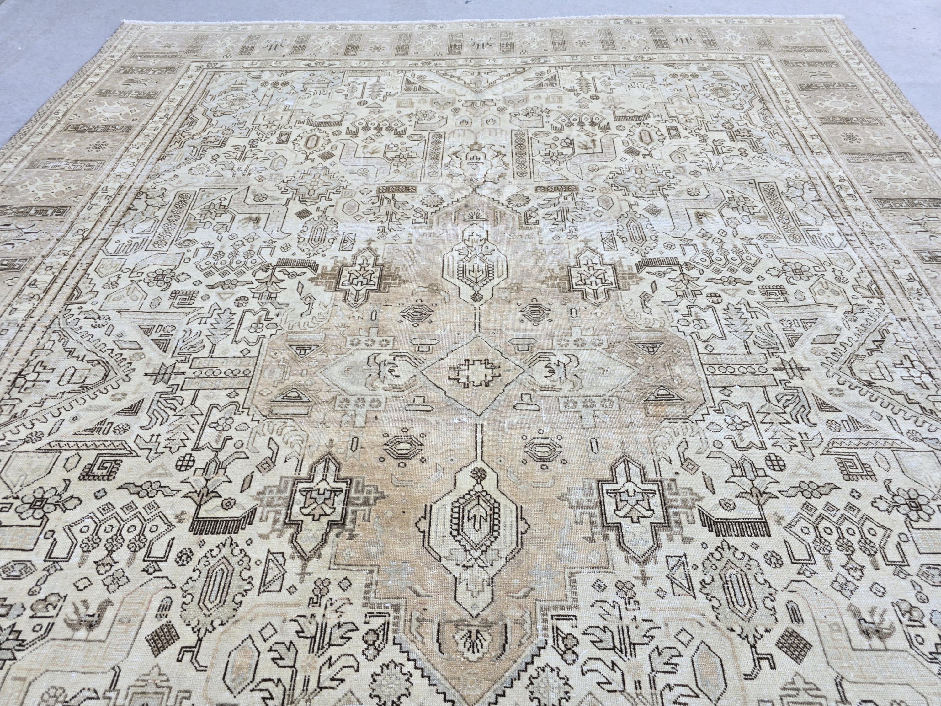 Turkish Rug 10x12, Faded Neutral Tribal Area Rug, Distressed Vintage Wool Carpet, Beige All Over Geometric, Boho Living Room