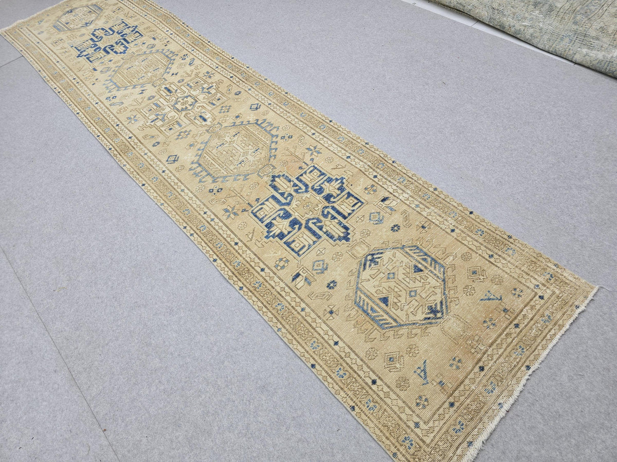 3x12 Turkish Runner Rug, Blue Beige Vintage Wool Hallway Runner, Faded Tribal Medallion Anatolian Corridor Rug, Boho Farmhouse Decor