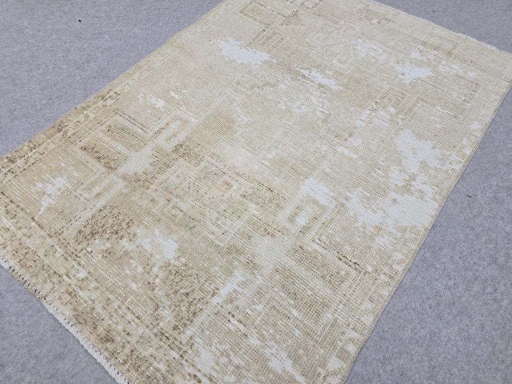 Vintage Rug 3x4, Small Distressed Neutral Rug, Hand Knotted Wool Oushak Accent Rug, Faded Beige Kitchen Mat, Boho Entryway Door Rug