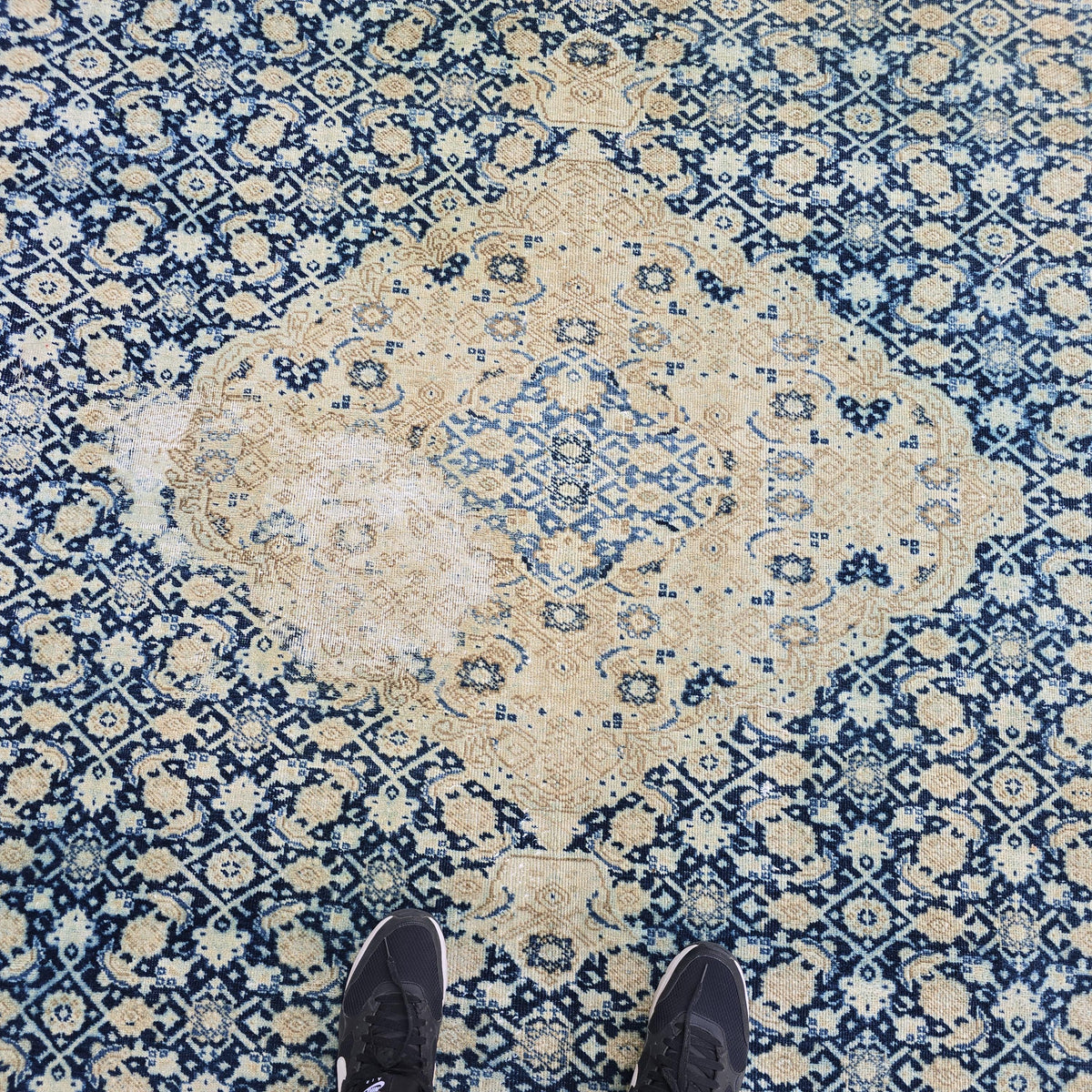 Wool 9x12 Oushak Rug -  Hand Knotted Wool Turkish Area Carpet Geometric Beige Blue
