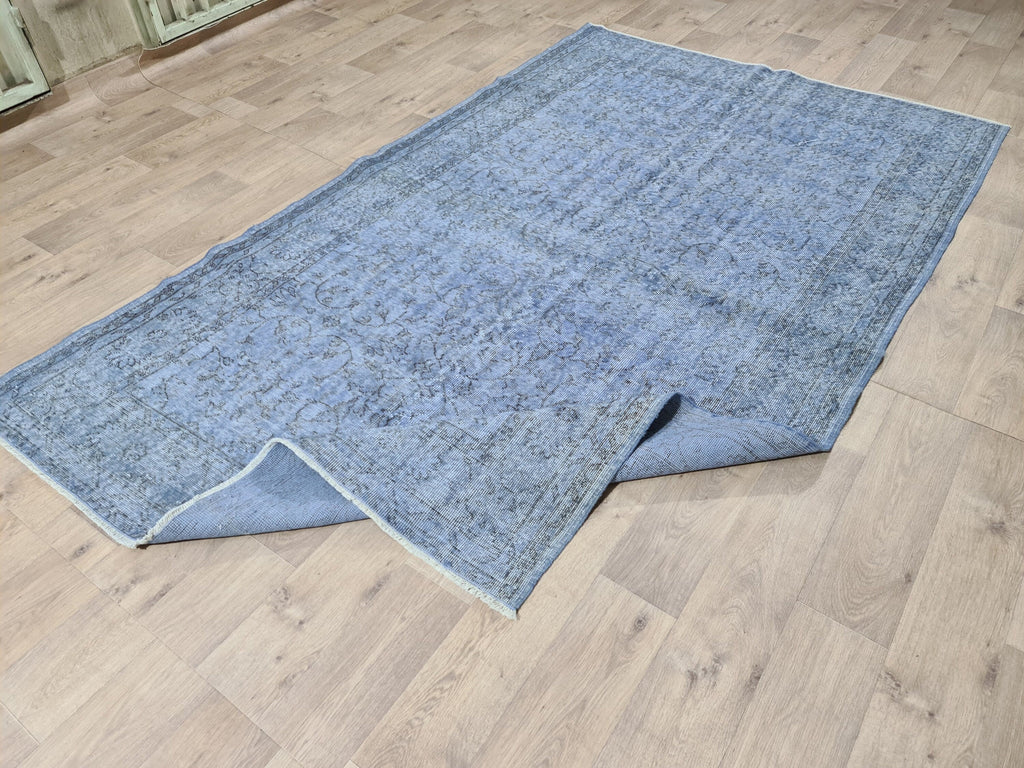 Hand Knotted Vintage Turkish Wool Rug: 6x9 Blue Oushak Carpet