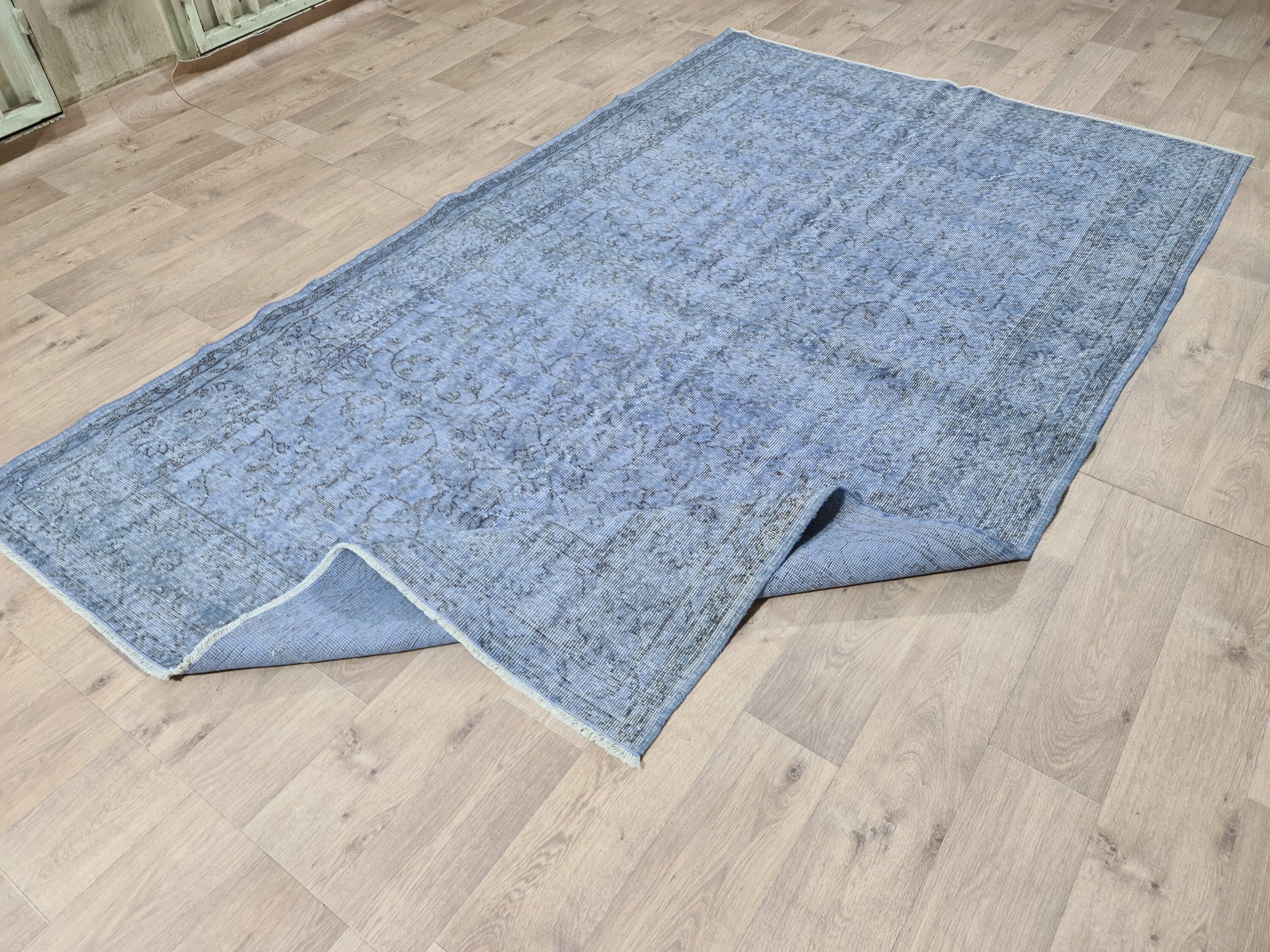 Hand Knotted Vintage Turkish Wool Rug: 6x9 Blue Oushak Carpet