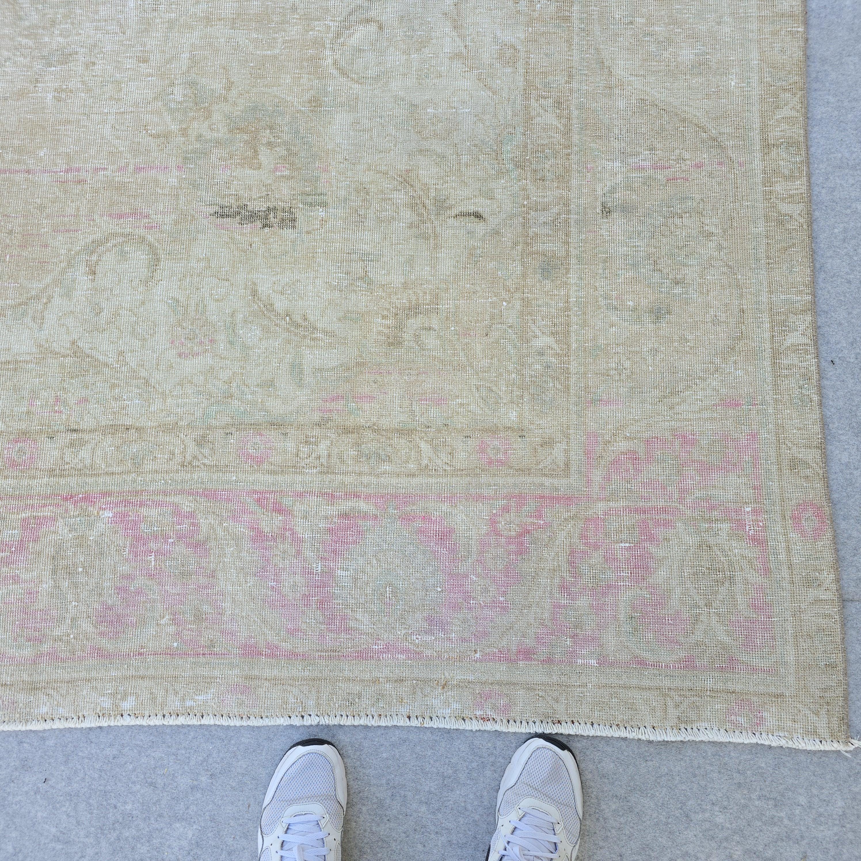 Vintage Oushak Rug 9.5x12.5 ft: Hand-Knotted Wool, Muted Beige Brown Pink