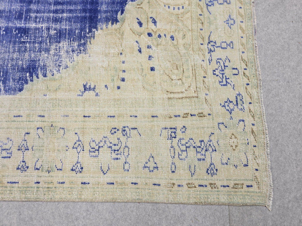 Vintage Turkish Oushak Rug 7x10, Cream Blue Oriental Wool Carpet