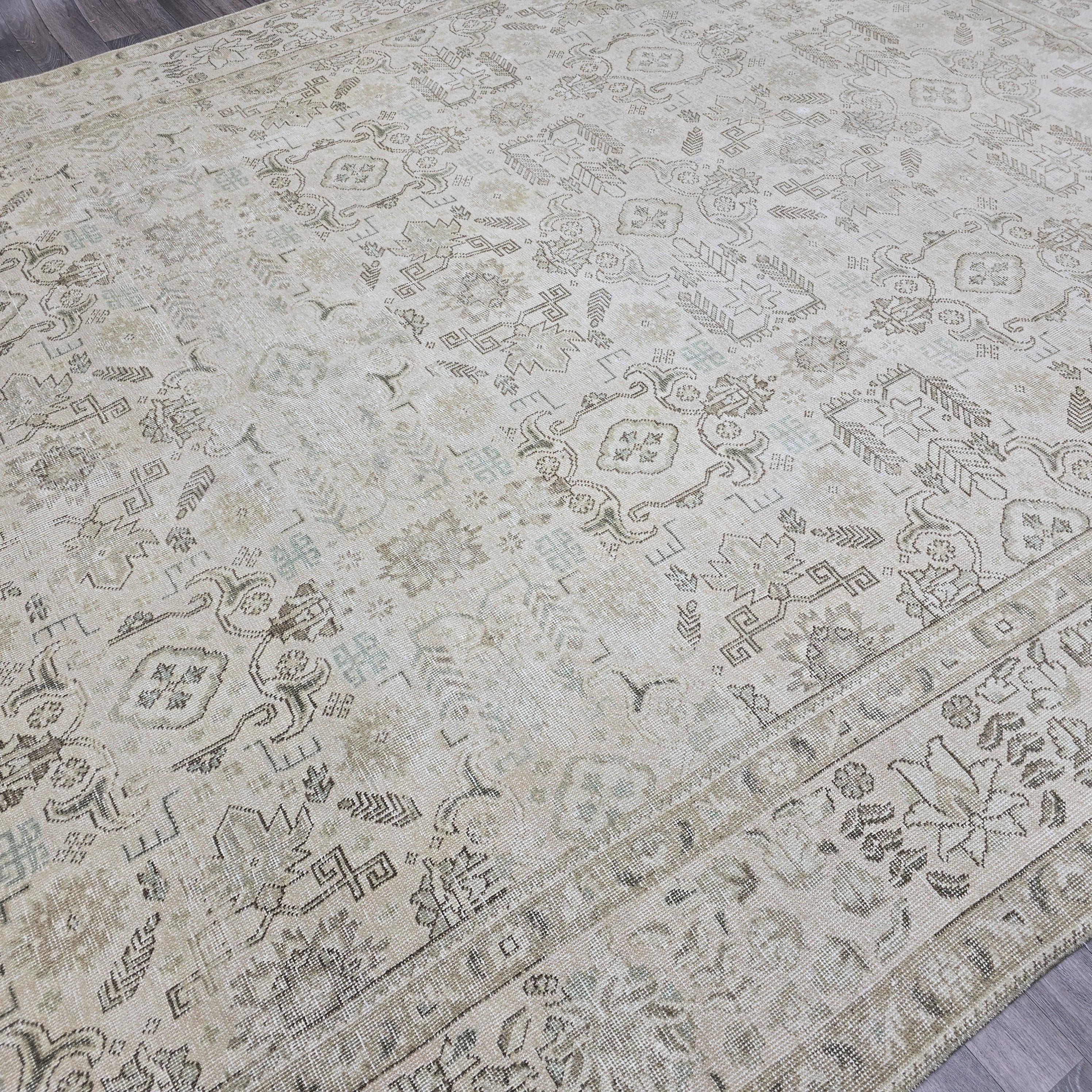 Oushak Rug 9x13: Hand Knotted Wool Area Rug, Distressed Neutral Turkish Carpet (9.4x12.7 ft.)