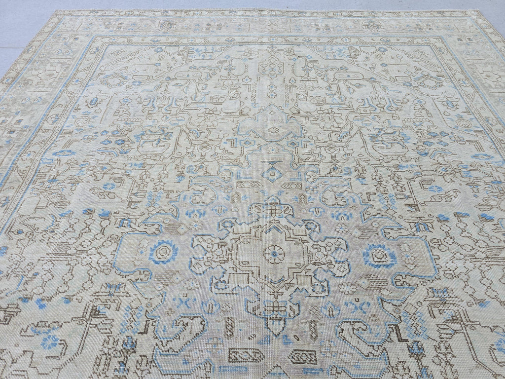 9x12 Neutral Area Rug Vintage / Beige and Blue Handmade Wool Oushak Rug