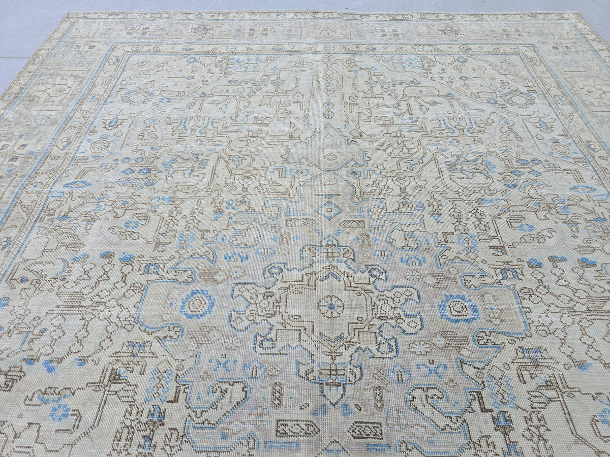 9x12 Neutral Area Rug Vintage / Beige and Blue Handmade Wool Oushak Rug