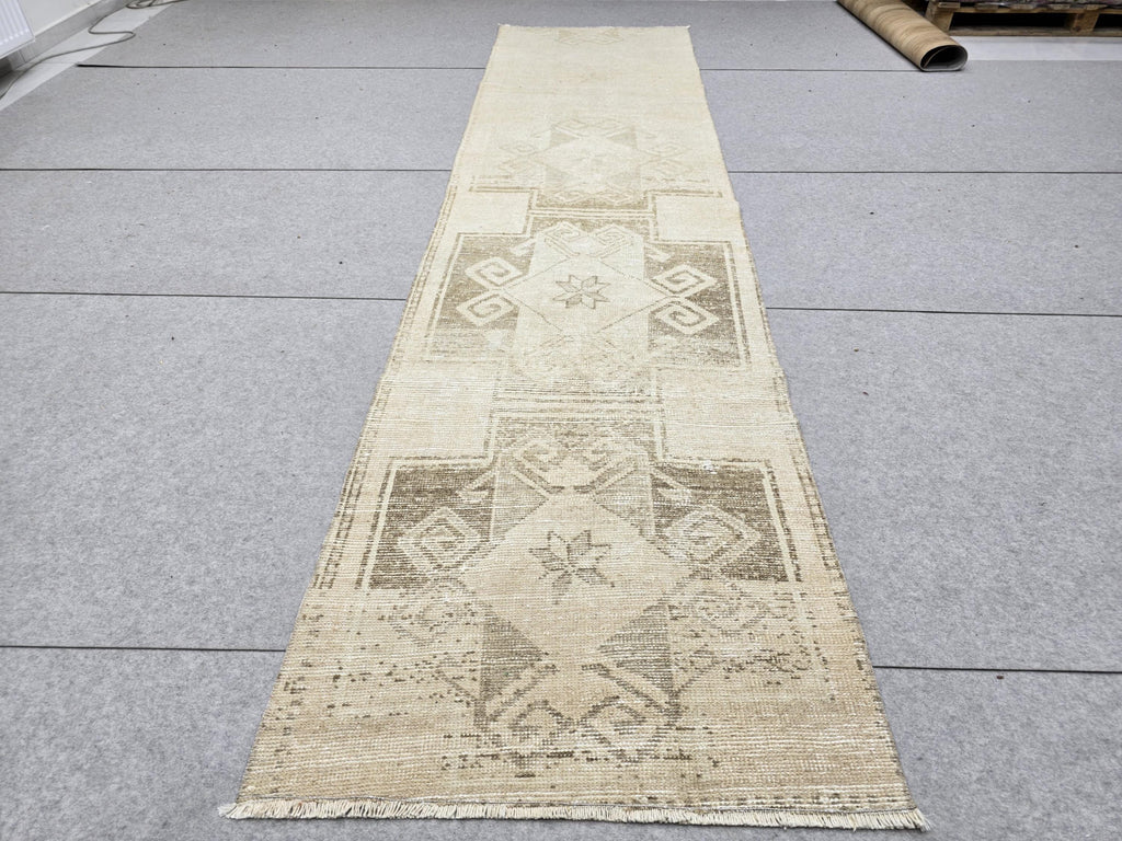 Turkish Rug 3x10 Wool Runner Rug for Narrow Hall, Star Medallion Tribal Carpet, Earth tone Brown Rug, Boho Decor