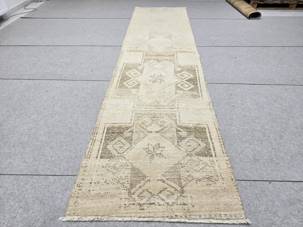 Turkish Rug 3x10 Wool Runner Rug for Narrow Hall, Star Medallion Tribal Carpet, Earth tone Brown Rug, Boho Decor