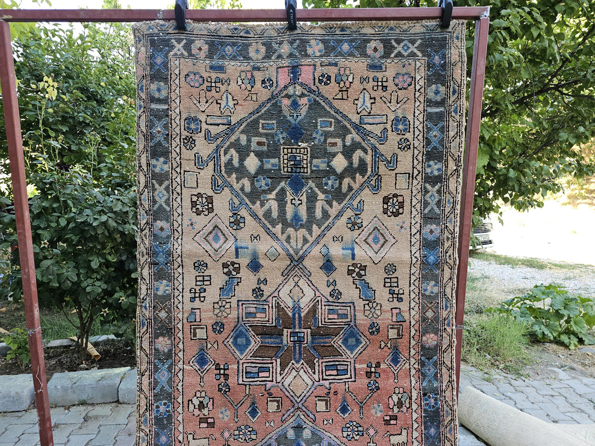 Antique Wool Runner Rug: Hand-Knotted Geometric Design (3.50x10.60 ft)