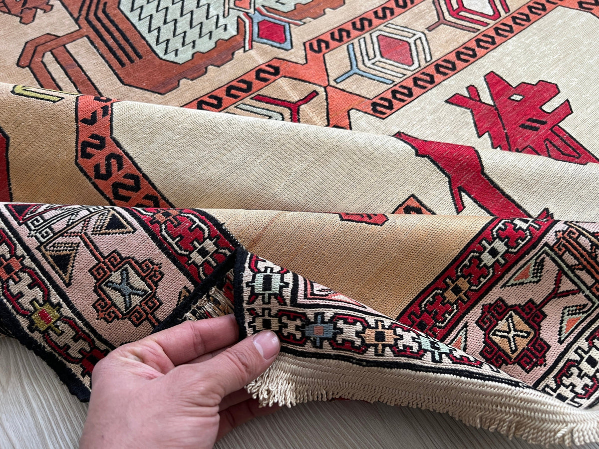 4x6 Silk Soumak Rug: Hand-Knotted Vintage Animal Design