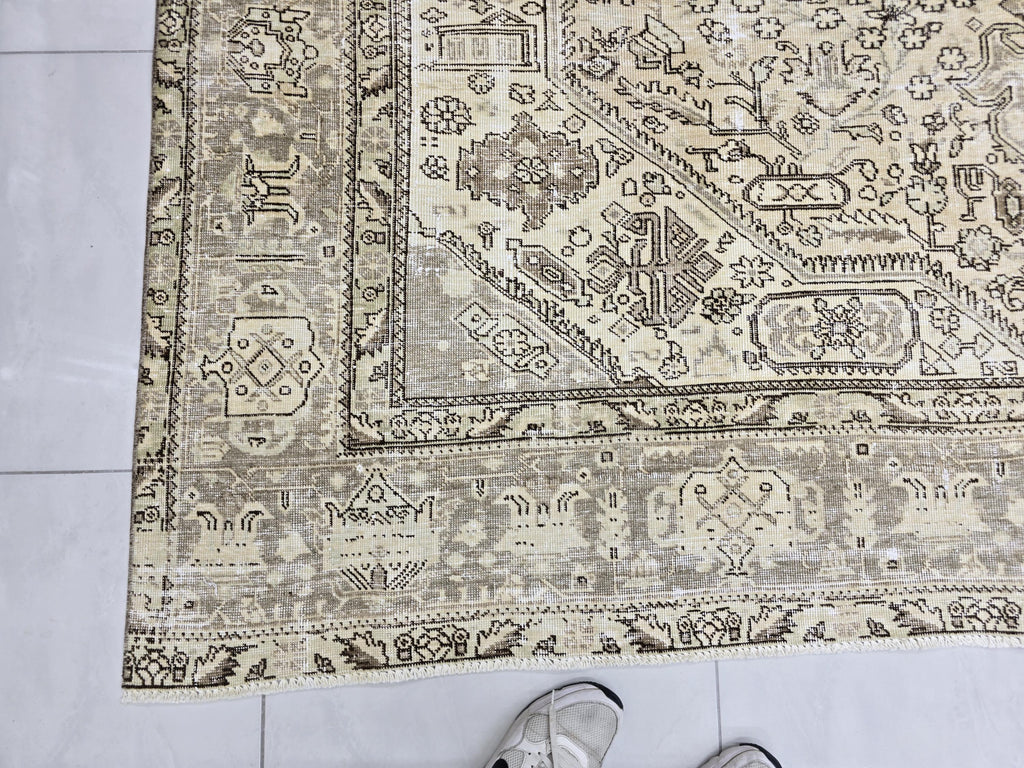 Turkish Rug 8x10, Distressed Grey Beige Vintage Area Rug, Hand Knotted Wool Carpet with Tribal Medallion for Living Room, Hallway