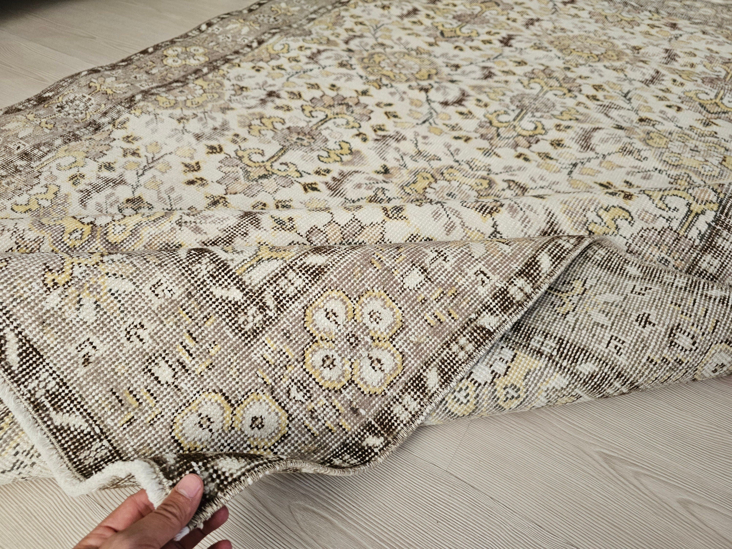 5x8 Oushak Vintage Cream Floral Design Wool Turkish Rug - Handmade Wool Oushak Carpet // 5.35x8.30 feet