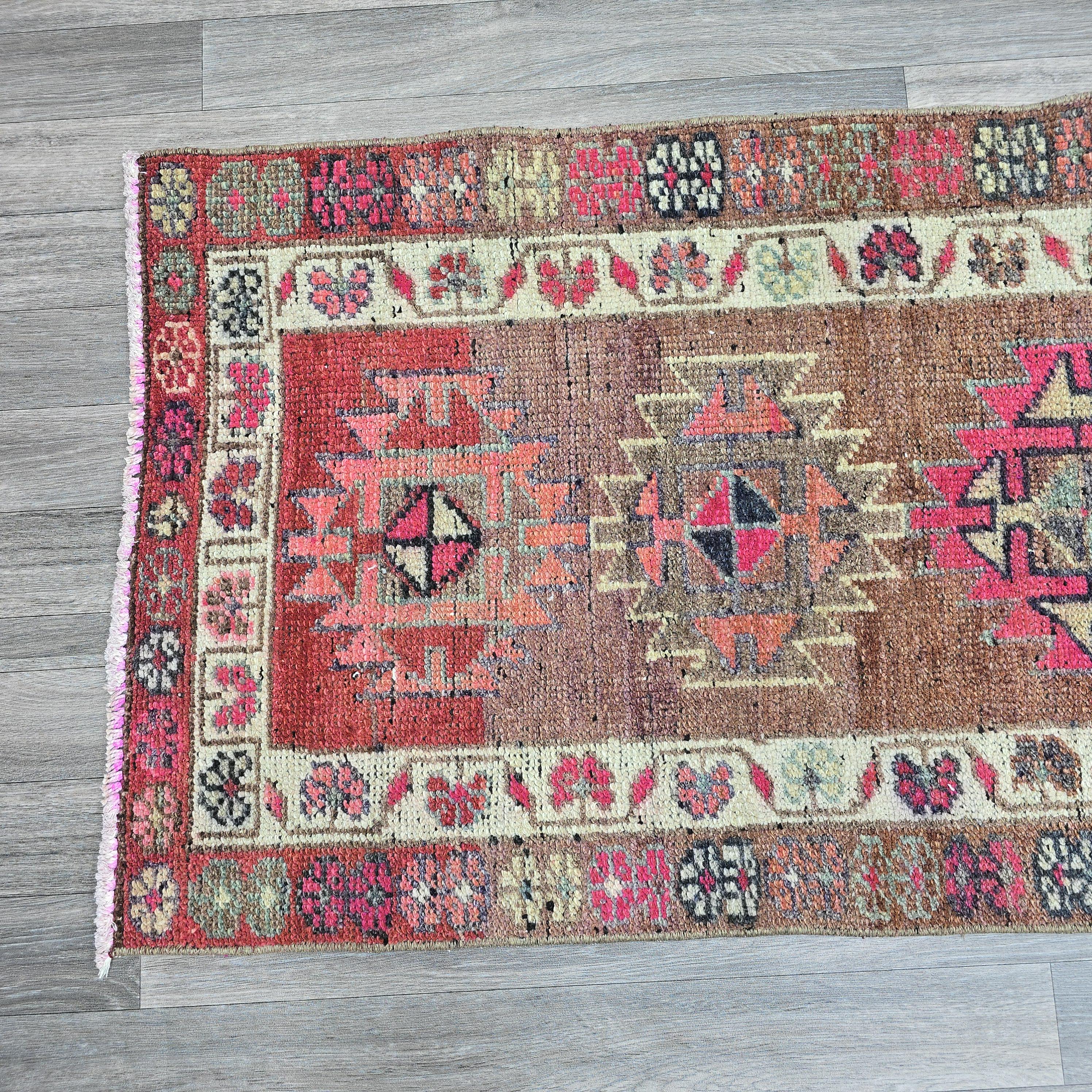 Vintage Turkish Oushak Runner Rug: Pink & Blue Wool Hallway Carpet