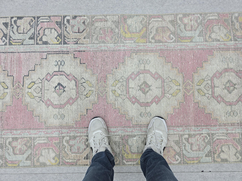 Turkish Rug 3x10, Pastel Pink Runner Rug, Hand Knotted Wool Oushak Runner, Faded Muted Hallway Rug, Vintage Boho Nursery Stair Anatolian rug