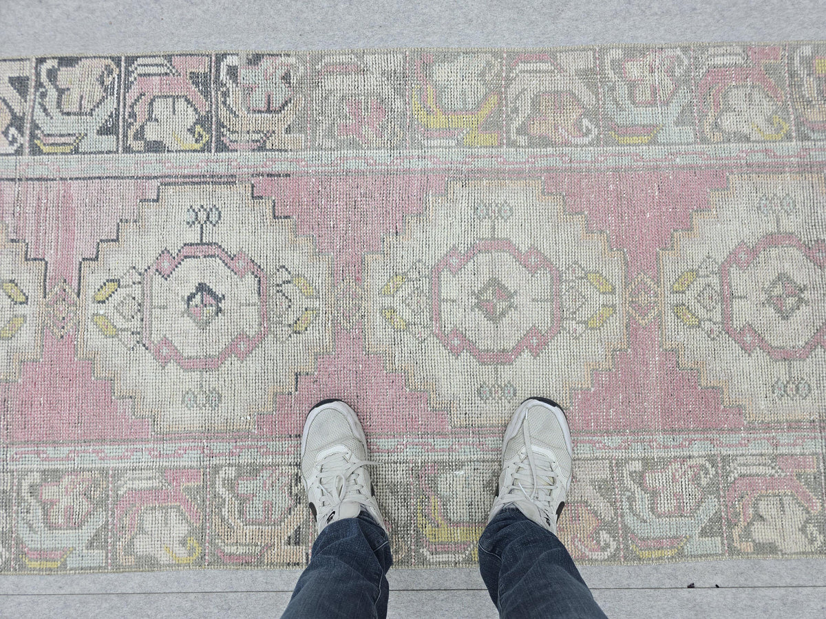 Turkish Rug 3x10, Pastel Pink Runner Rug, Hand Knotted Wool Oushak Runner, Faded Muted Hallway Rug, Vintage Boho Nursery Stair Anatolian rug