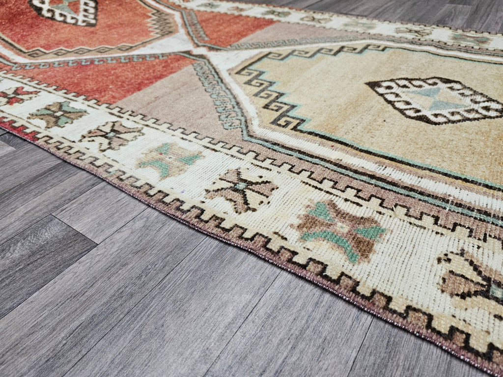4x14 Vintage Turkish Runner Rug: Handmade Wool Oushak Carpet