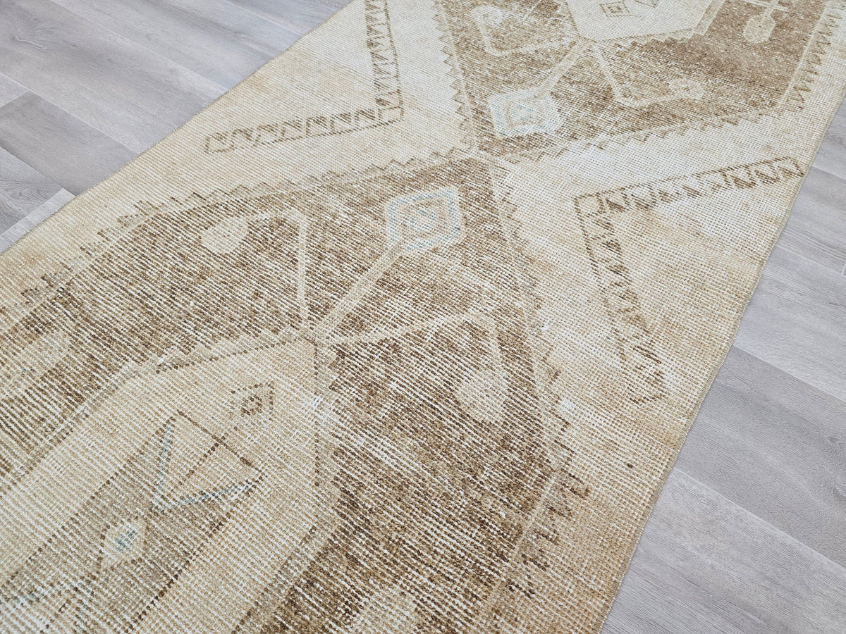 Neutral Turkish Oushak Runner Rug: Hand-Knotted Wool Boho Decor (3x11.5 ft)