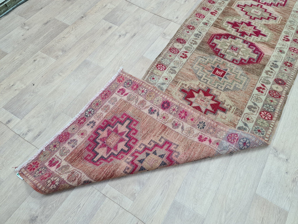 Hand Woven Wool Runner Rug: Vintage Oushak Herki Design (2.85x11.8 feet)