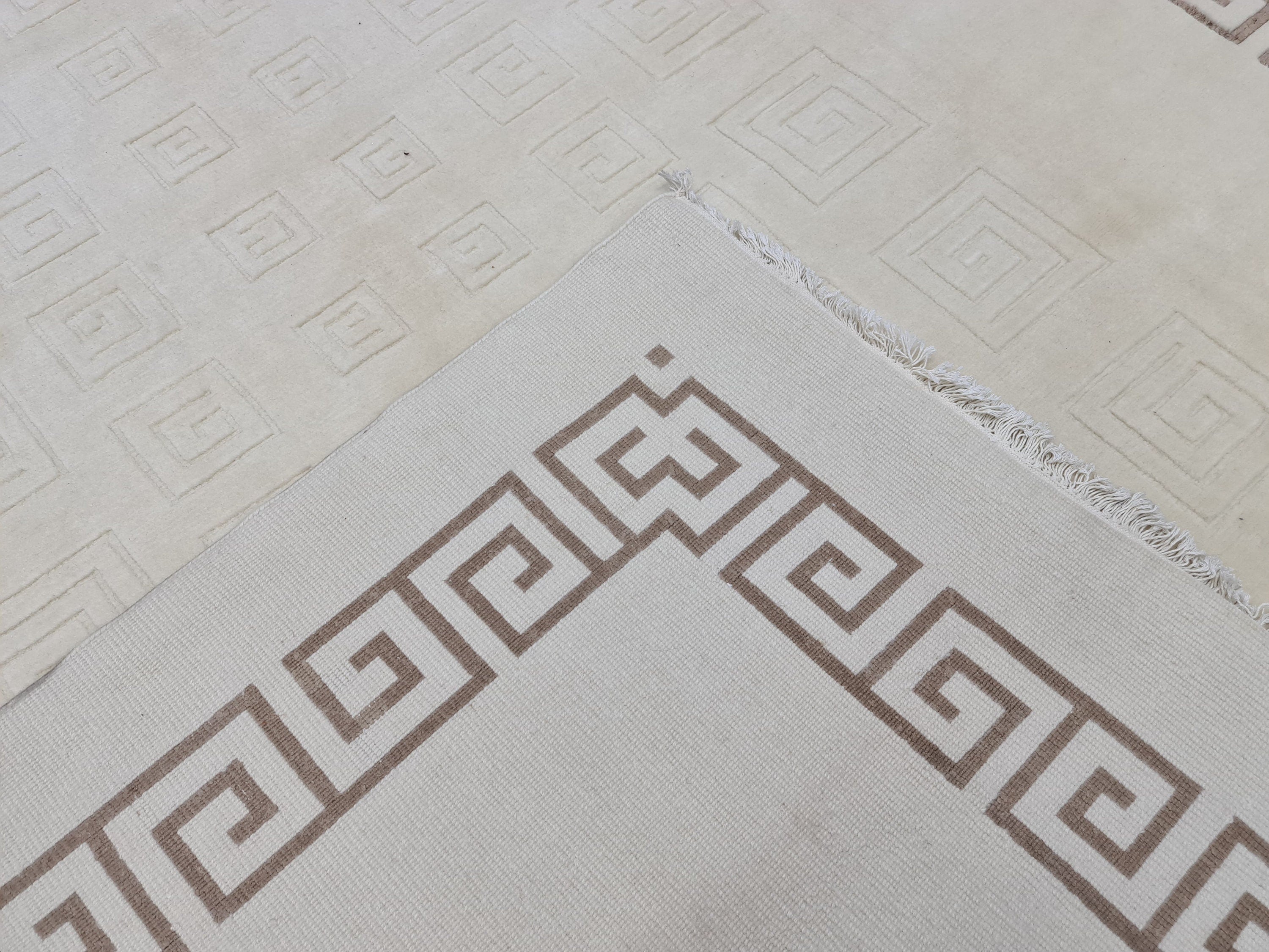 Cream Hand-Knotted Wool Area Rug: 6.82x9.35 ft, Vintage Boho Rug