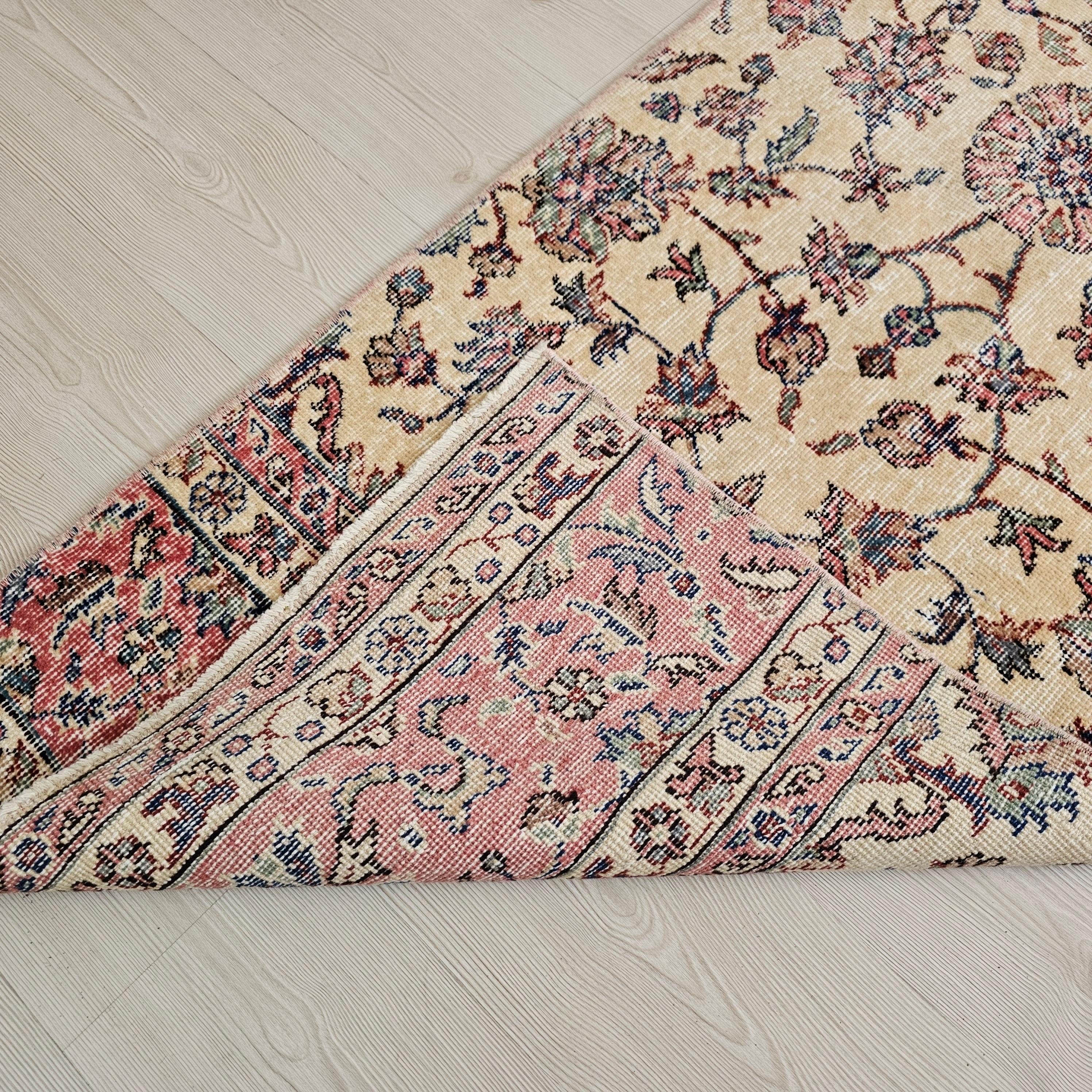 Vintage Turkish Oushak Runner Rug: Floral Wool Hallway Rug (2.4x10 ft)