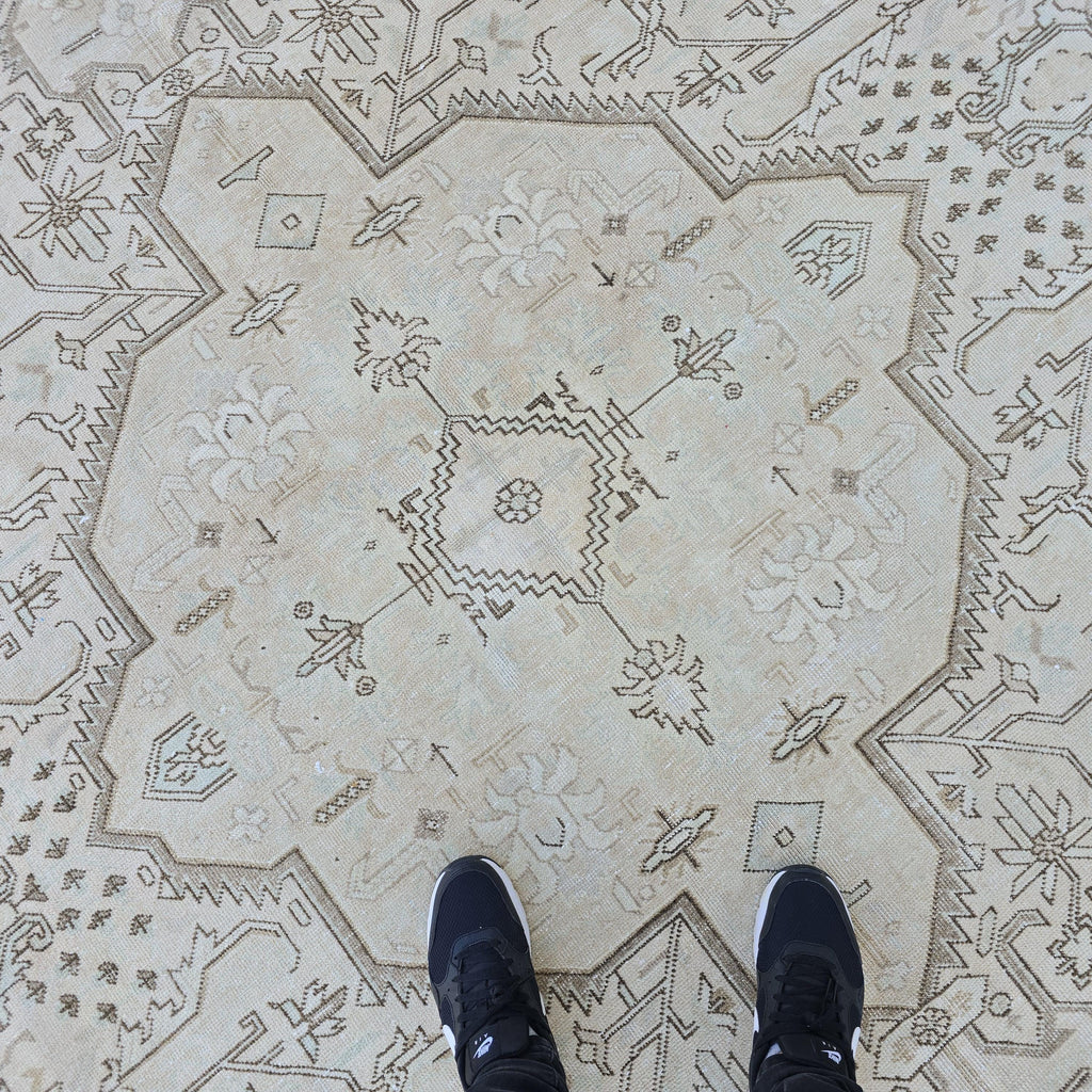 Oversized Oushak Rug: Hand-Knotted Wool, Beige Brown Geometric, 9.7x12.25 ft
