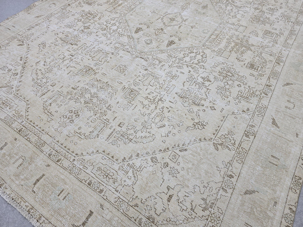 Oushak Rug 9x13, Muted Cream Beige Vintage Turkish Area Rug, Handknotted Wool Medallion Carpet for Living Room