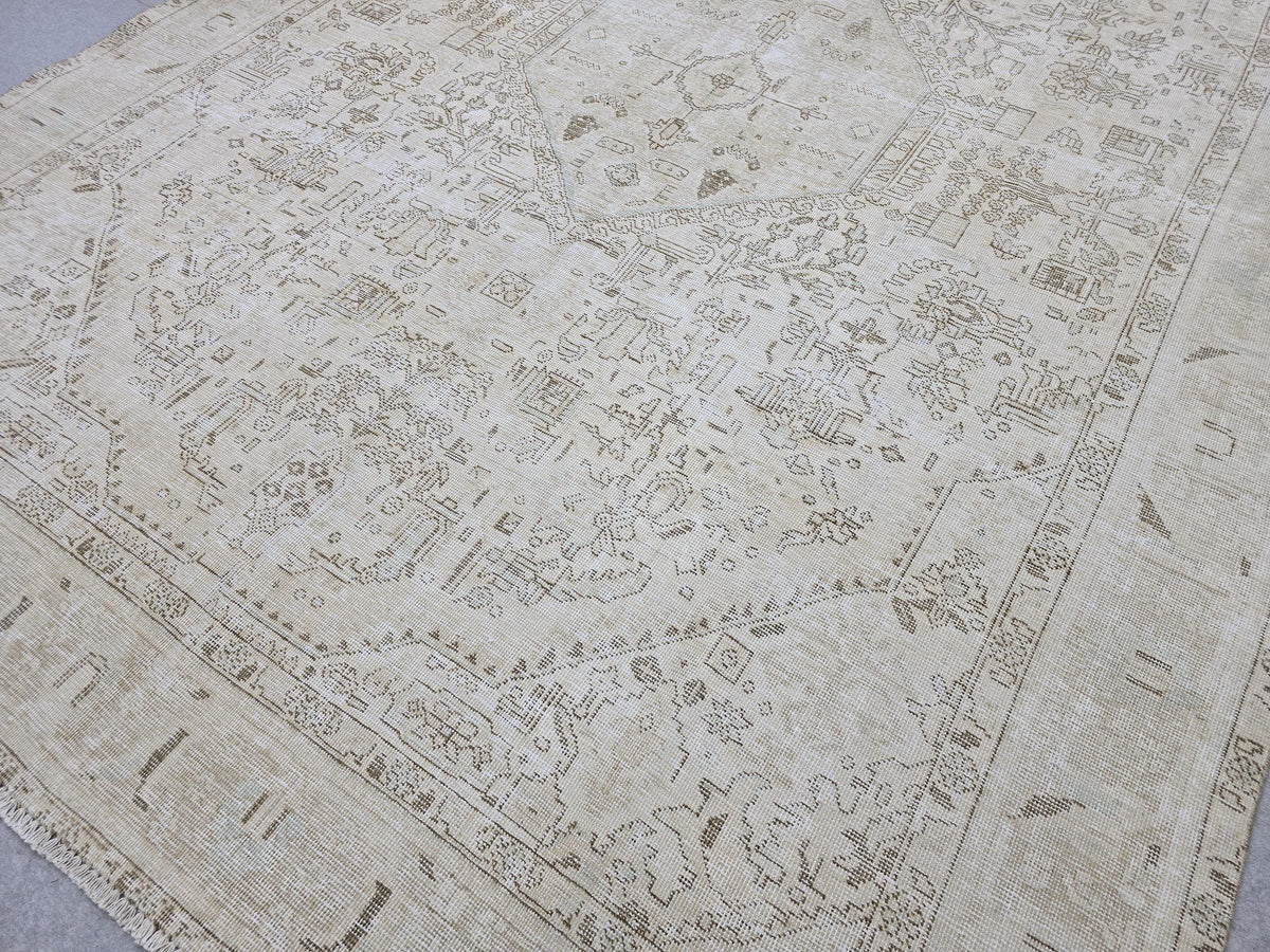 Oushak Rug 9x13, Muted Cream Beige Vintage Turkish Area Rug, Handknotted Wool Medallion Carpet for Living Room