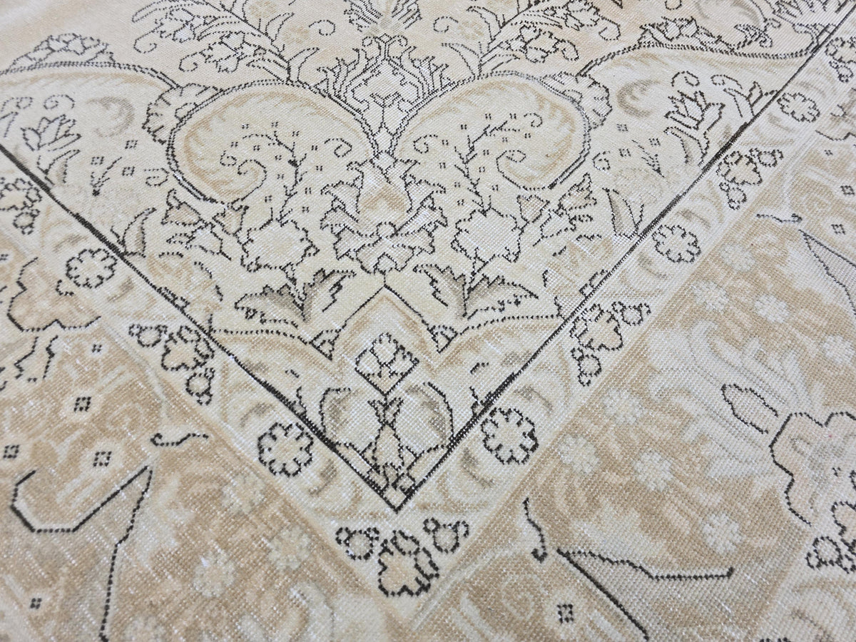 9x12 Oversized Vintage Oushak Rug: Distressed Tan Wool Medallion