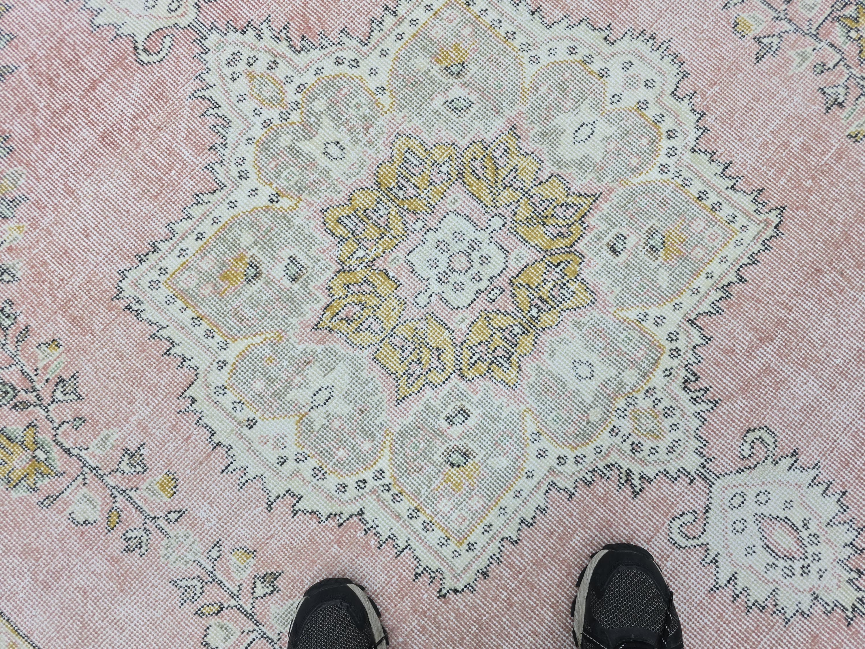 Muted Pink Vintage Oushak Rug 6'5"x9'8" | Neutral Turkish Area Rug Faded Boho Living Room