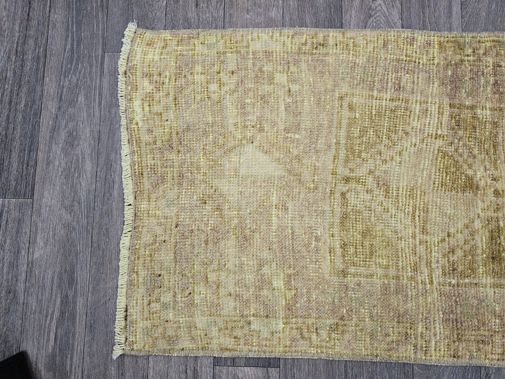 Hand Knotted Wool Bath Mat: 21x33 Neutral Vintage Turkish Oushak Rug
