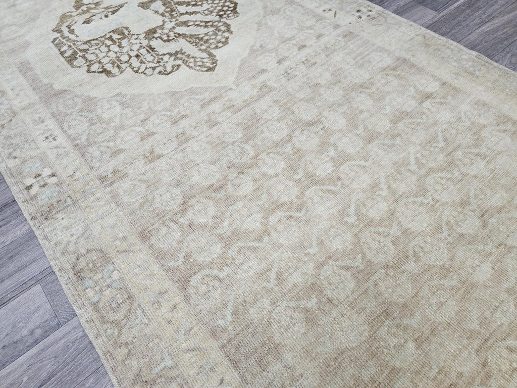 Neutral Oushak Runner Rug: Wide Long Turkish Vintage Wool Runner (3.60 X 12.75 feet)