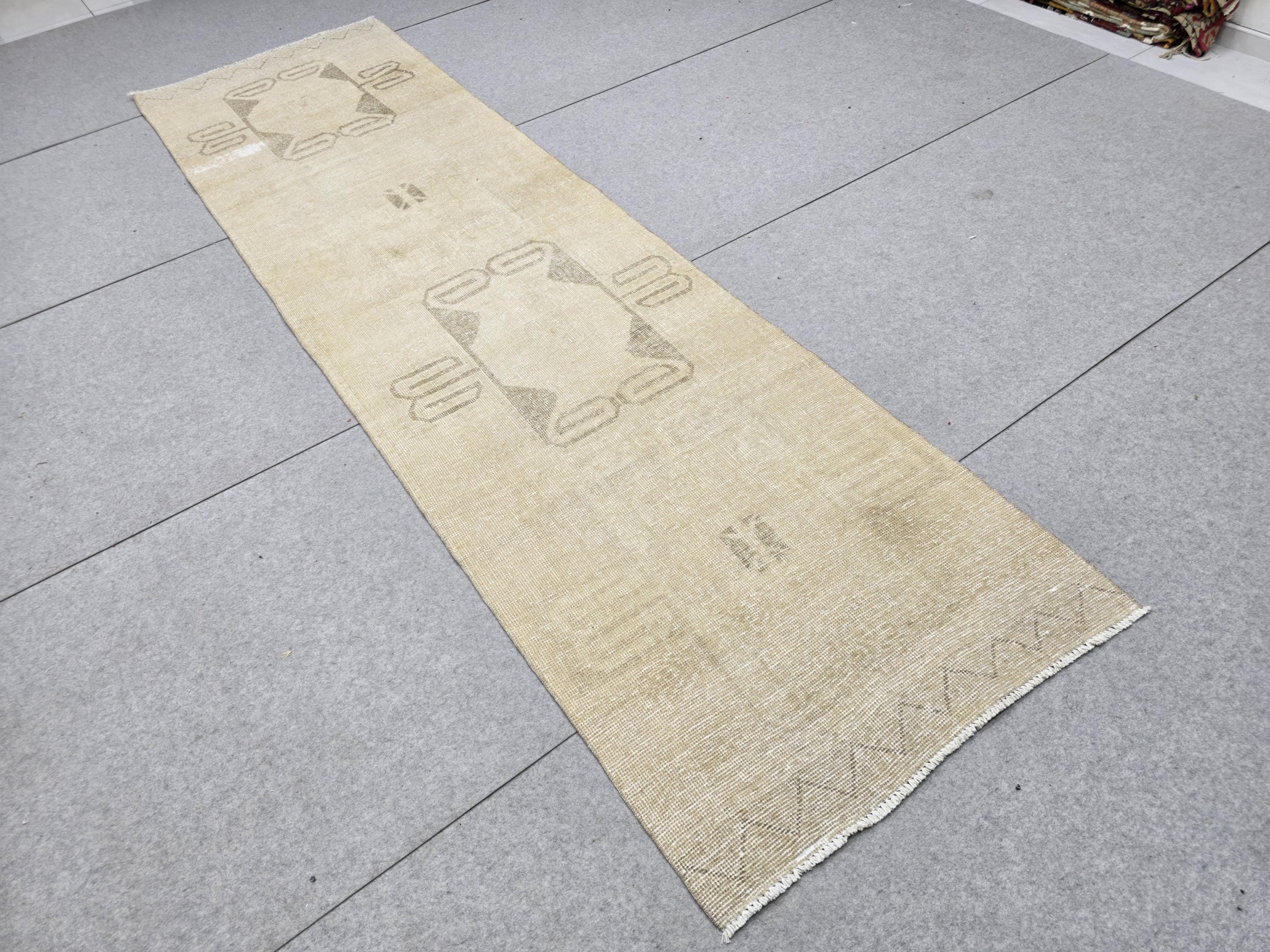 Antique Turkish Runner Rug 3x10, Camel Tribal Hallway Runner, Twin Medallion Wool Kitchen Runner, Boho Foyer Rug for Farmhouse Decor