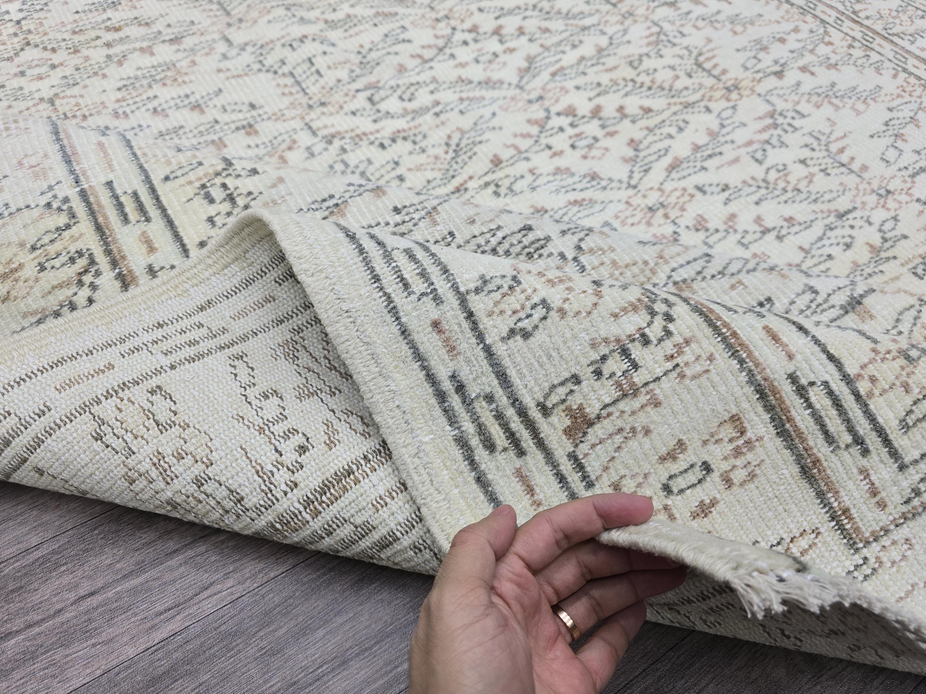 6x9 Vintage Turkish Oushak Rug: Handmade Wool Ivory Beige Carpet