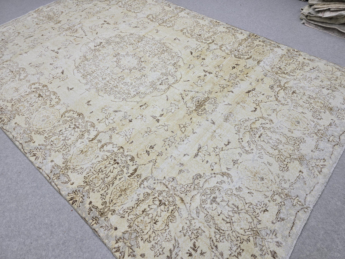 7x10 Oushak Rug Neutral Beige | Vintage Turkish Wool Medallion | Cream Living Room Carpet