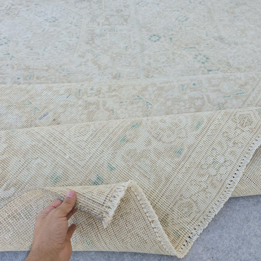 Vintage Turkish Hand-Knotted Rug: Muted Beige, Blue & Sage Geometric Carpet