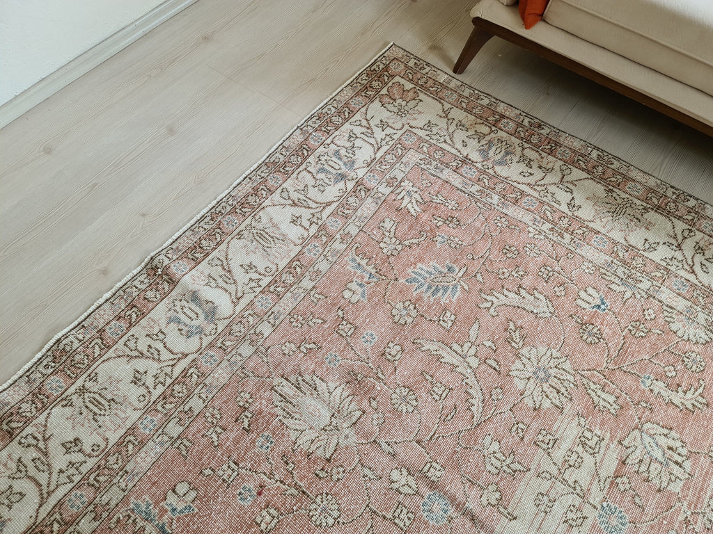 7x10 Vintage Turkish Rug: Hand knotted Wool Oushak area Rug -  6.8 x 9.9 ft, Organic Wool