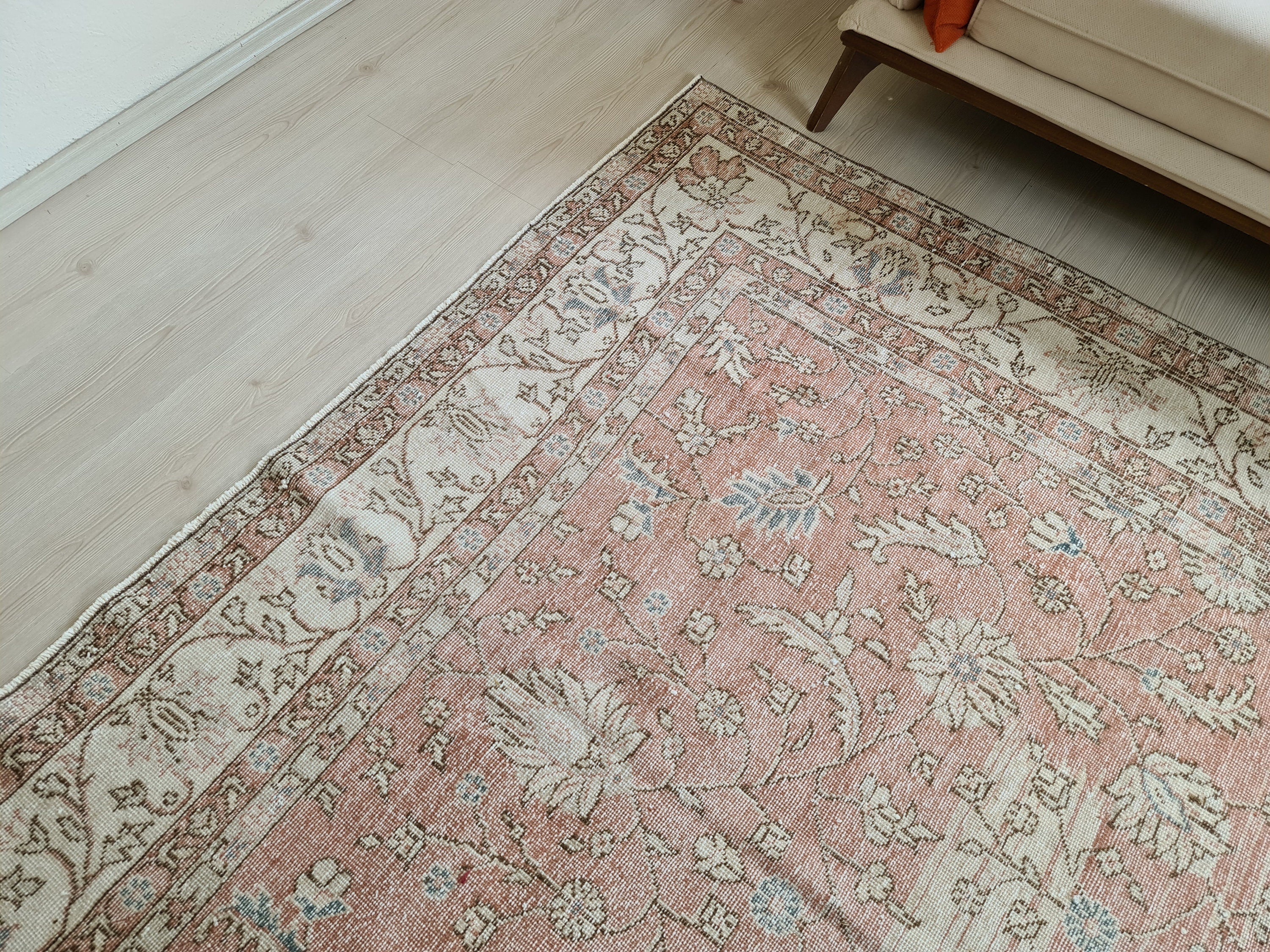 7x10 Vintage Turkish Rug: Hand knotted Wool Oushak area Rug -  6.8 x 9.9 ft, Organic Wool