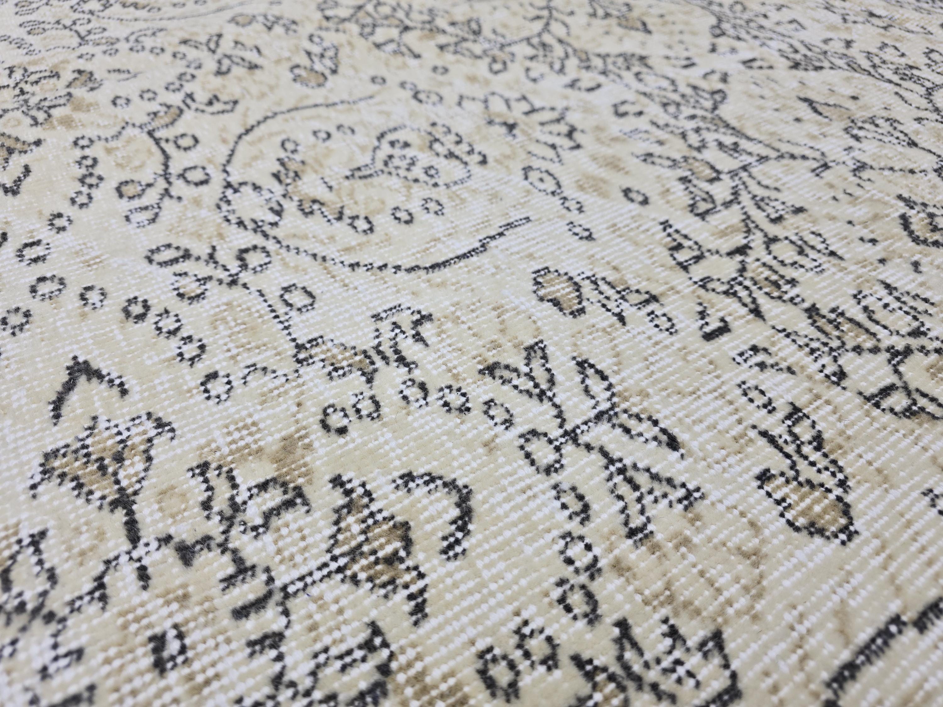 Turkish Rug 6x10, Vintage Wool Area Rug, Cream Beige Floral Carpet for Living Room, Muted Neutral Handknotted Rug