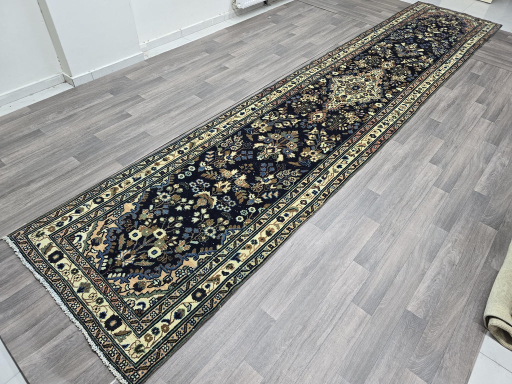 Hand Knotted Wool Runner Rug: 3x16 ft Vintage Turkish Oriental Design