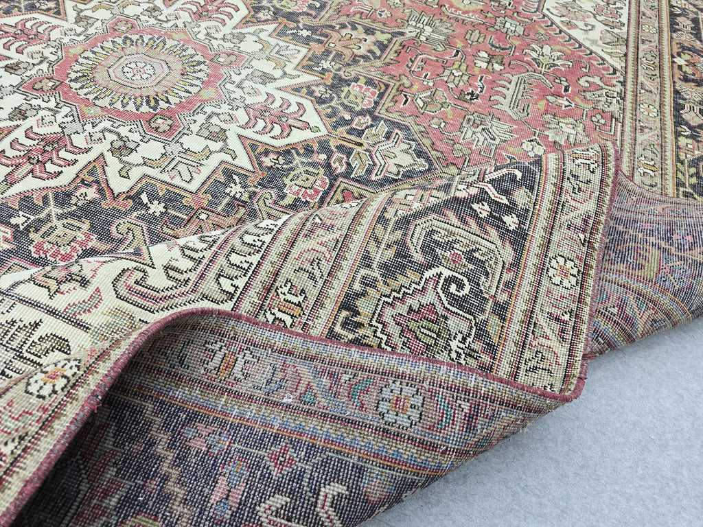 Vintage Hand-Knotted Wool Rug, Red Medallion Turkish Carpet, 9x13 Living Room Area Rug