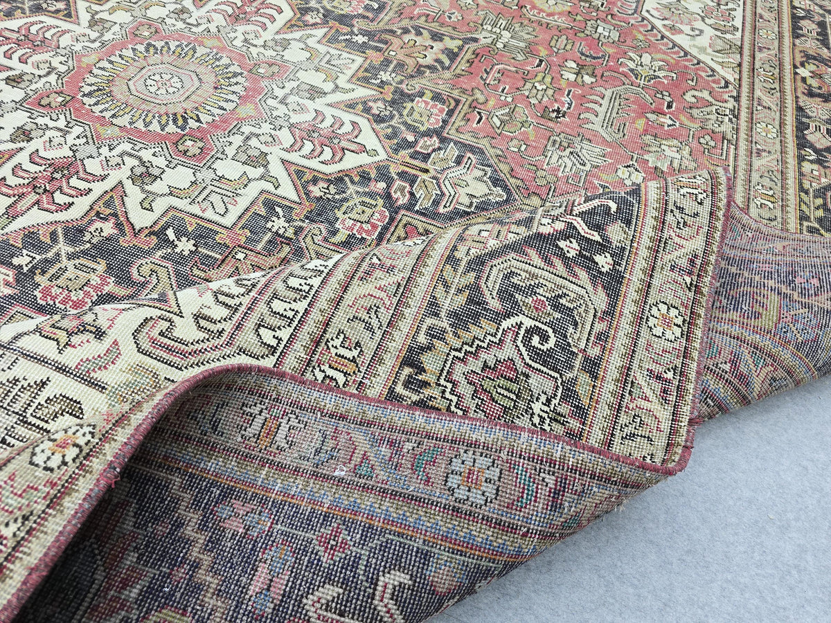 Vintage Hand-Knotted Wool Rug, Red Medallion Turkish Carpet, 9x13 Living Room Area Rug