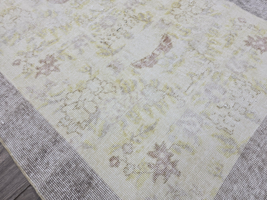 Vintage Oushak Rug: 4x7 Handknotted Wool Ivory Cream Floral Turkish Carpet
