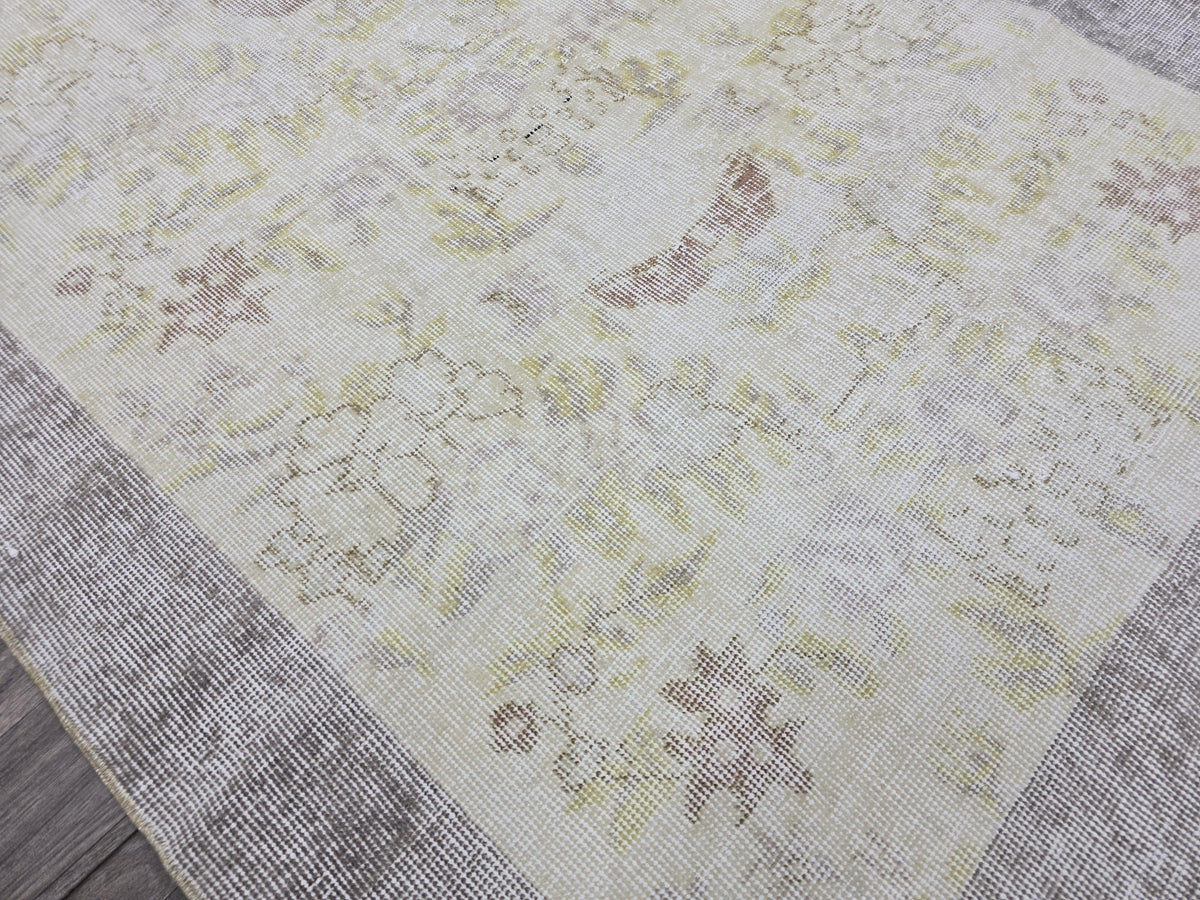 Vintage Oushak Rug: 4x7 Handknotted Wool Ivory Cream Floral Turkish Carpet