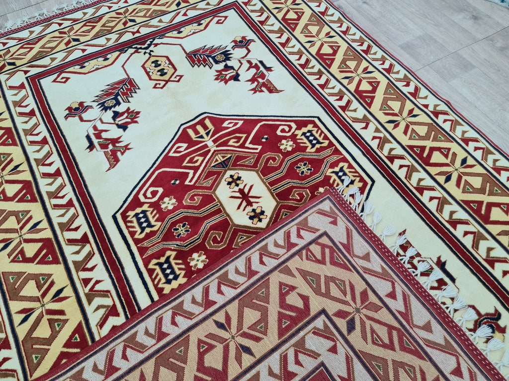 Hand Knotted Wool Rug: 6x9 Vintage Turkish Oushak Geometric Rug