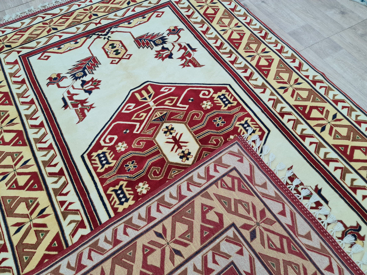 Hand Knotted Wool Rug: 6x9 Vintage Turkish Oushak Geometric Rug