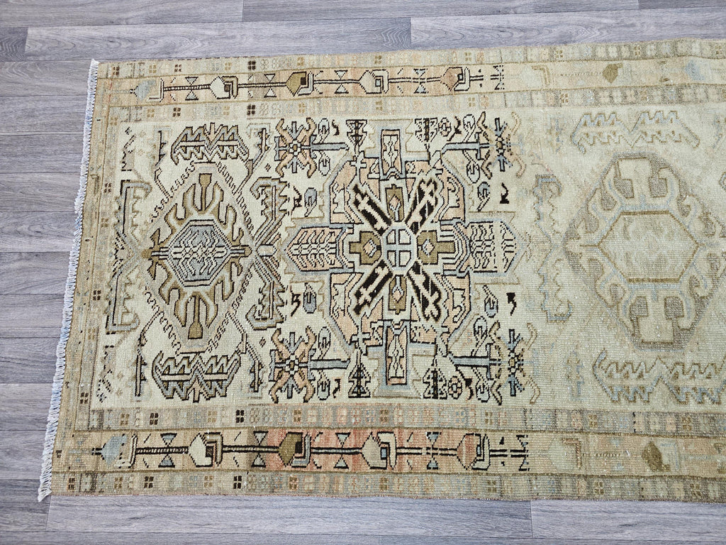 Vintage Geometric Runner Rug – 3.5x9.75 ft Distressed Hallway Carpet in Earthy Tones