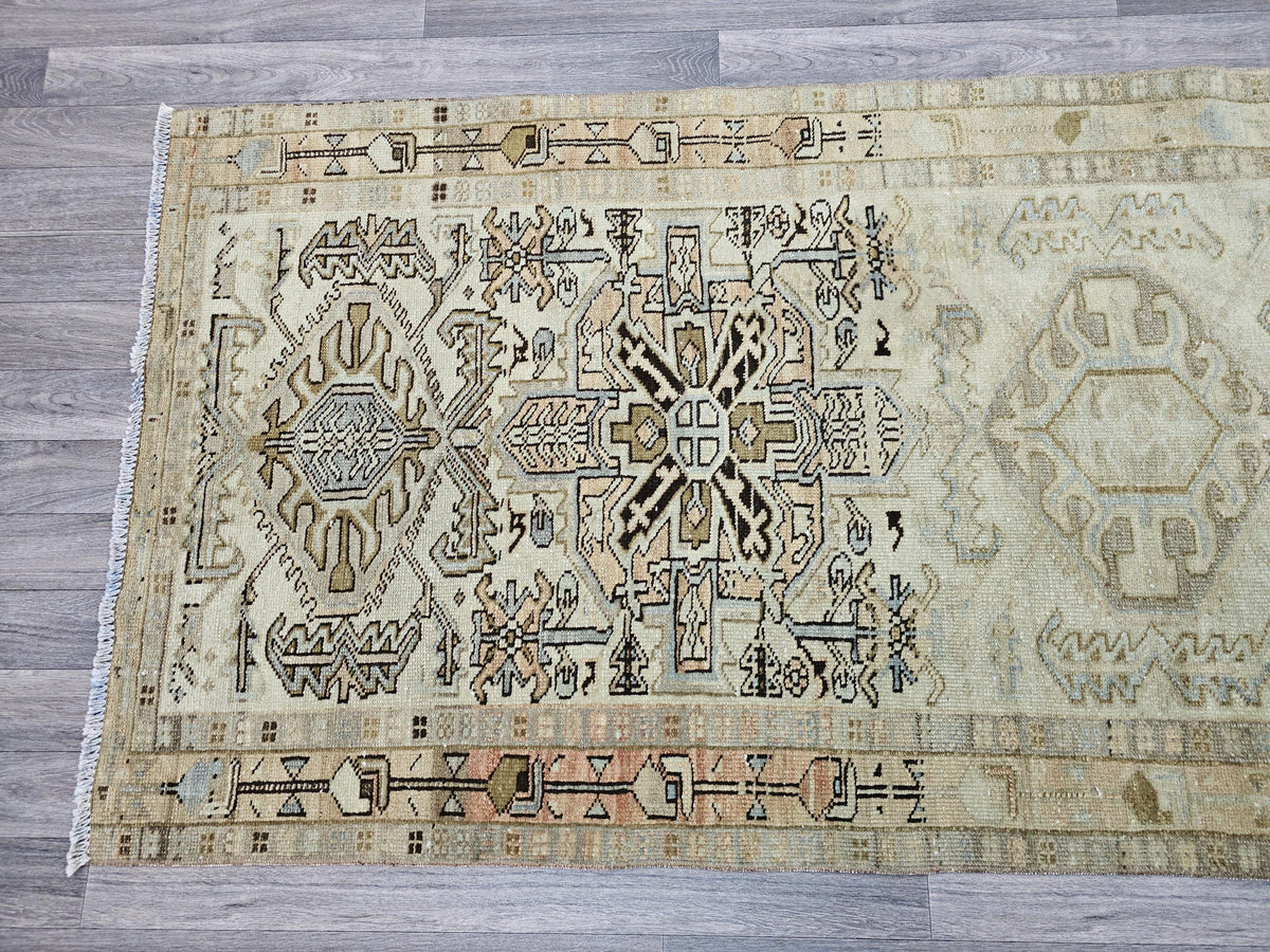 Vintage Geometric Runner Rug – 3.5x9.75 ft Distressed Hallway Carpet in Earthy Tones
