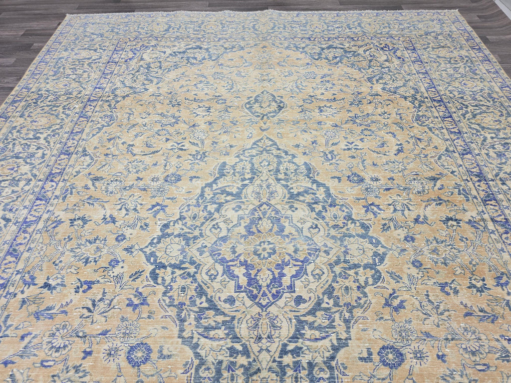 9x13 Hand Knotted Vintage Area Rug / Authentic Wool Oushak Rug for Livingroom and Bedroom/ Beige Blue Oriental Rug