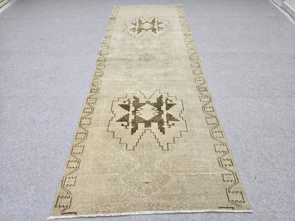 Turkish Rug 3.5x10 Runner, Wheat Brown Wool Rug for Entryway, Tribal Star Medallion Carpet, Neutral Stair Runner, Rustic Dining Decor